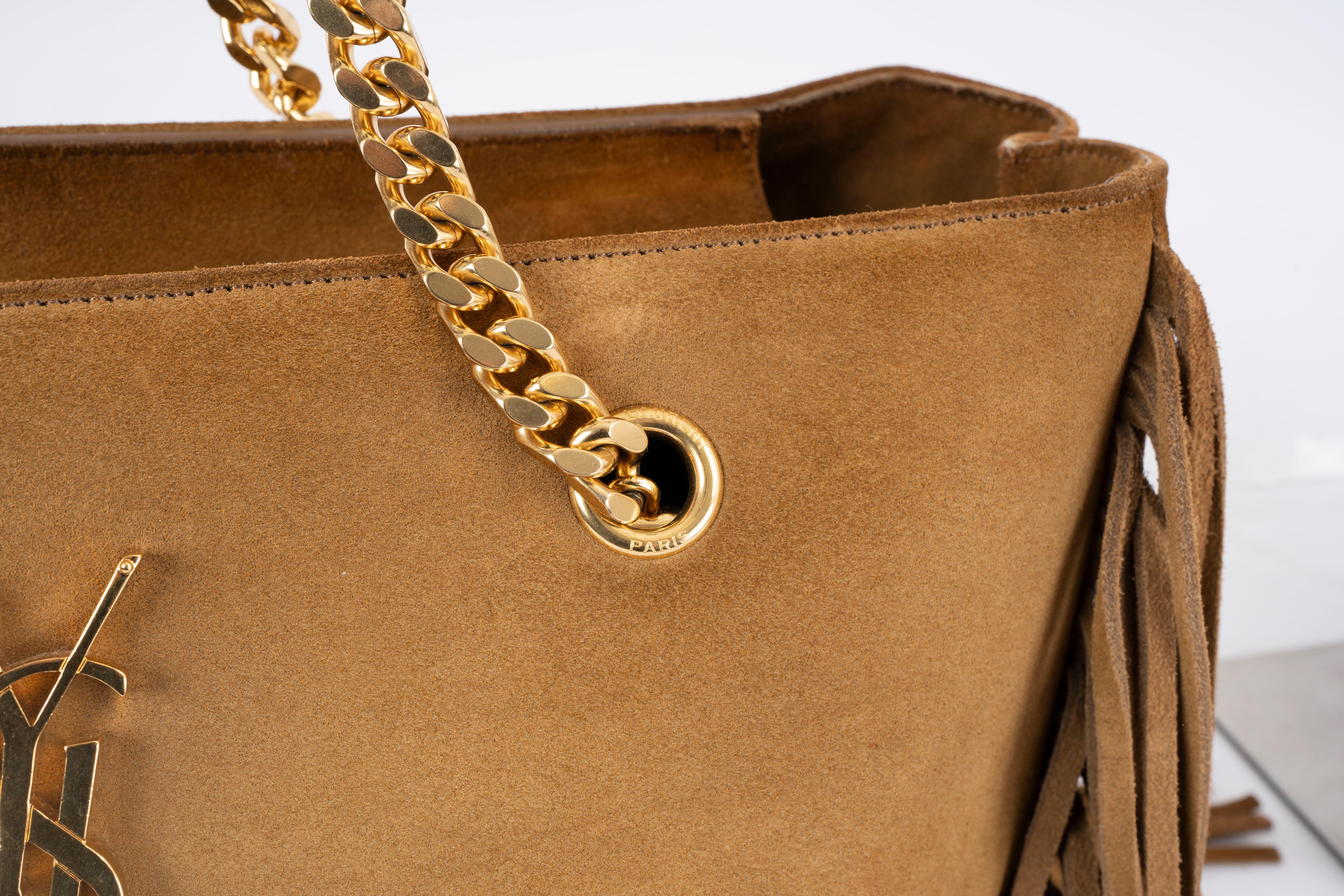 SAINT LAURENT tan beige suede MONOGRAM FRINGE CHAIN STRAP Shopper Bag For Sale 5