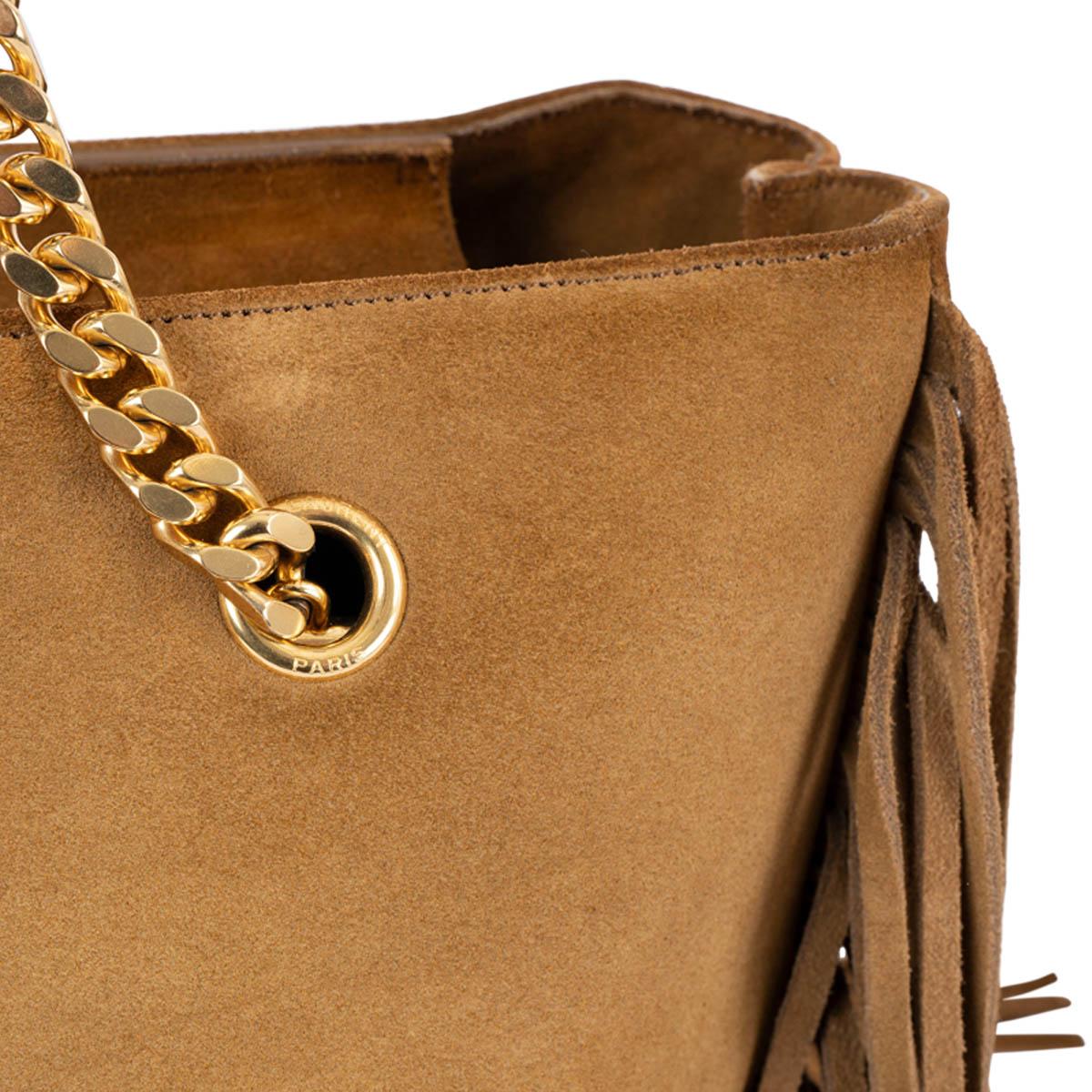 SAINT LAURENT tan beige suede MONOGRAM FRINGE CHAIN STRAP Shopper Bag For Sale 6