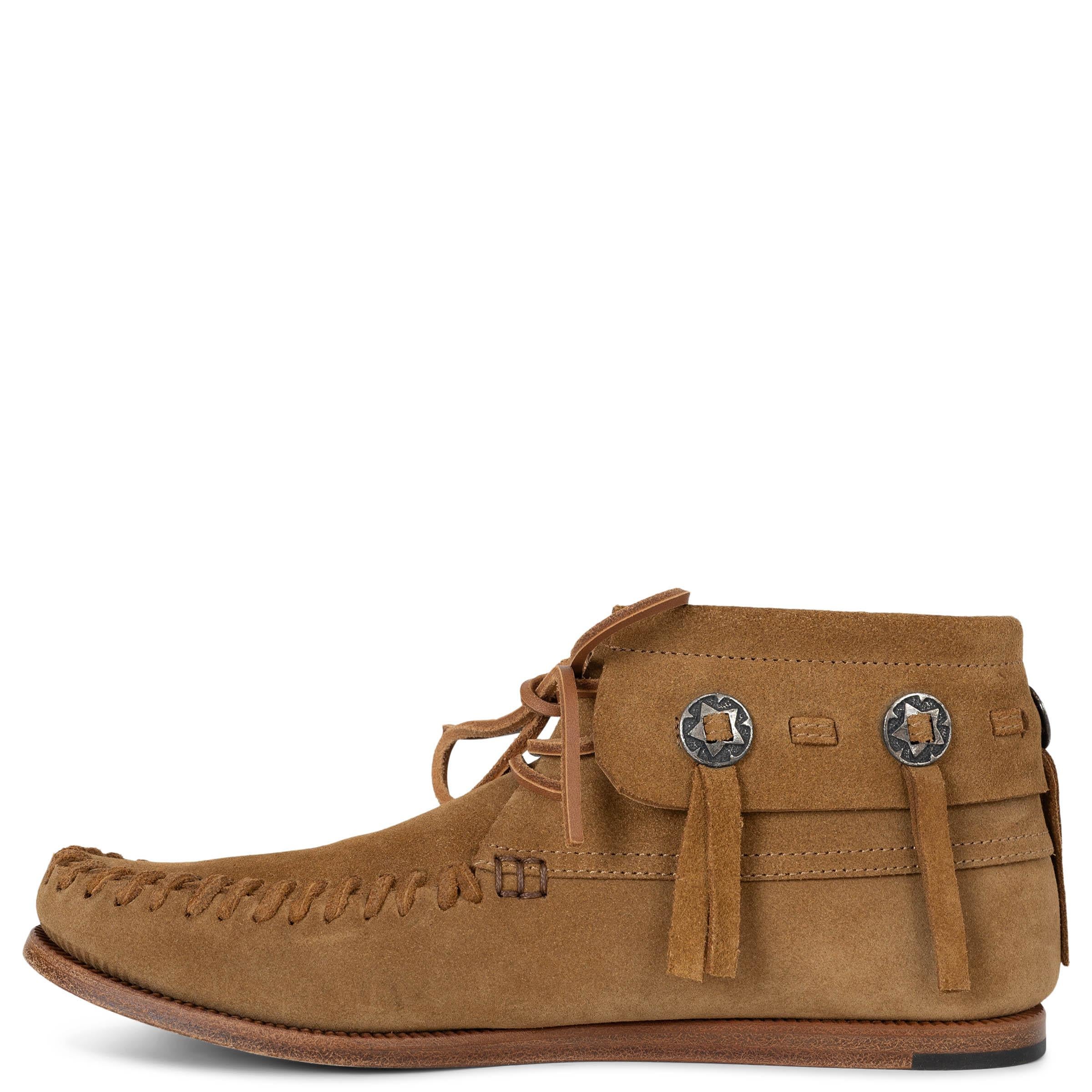 Brown SAINT LAURENT tan brown suede 2015 CONCHO MOCCASIN Boots Shoes 38