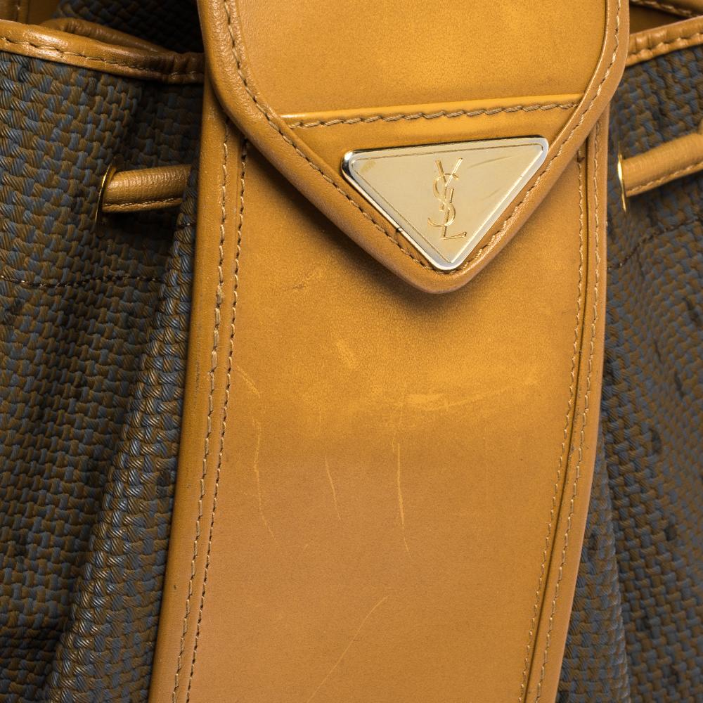 Saint Laurent Tan Leather and Fabric Drawstring Bucket Bag In Good Condition In Dubai, Al Qouz 2