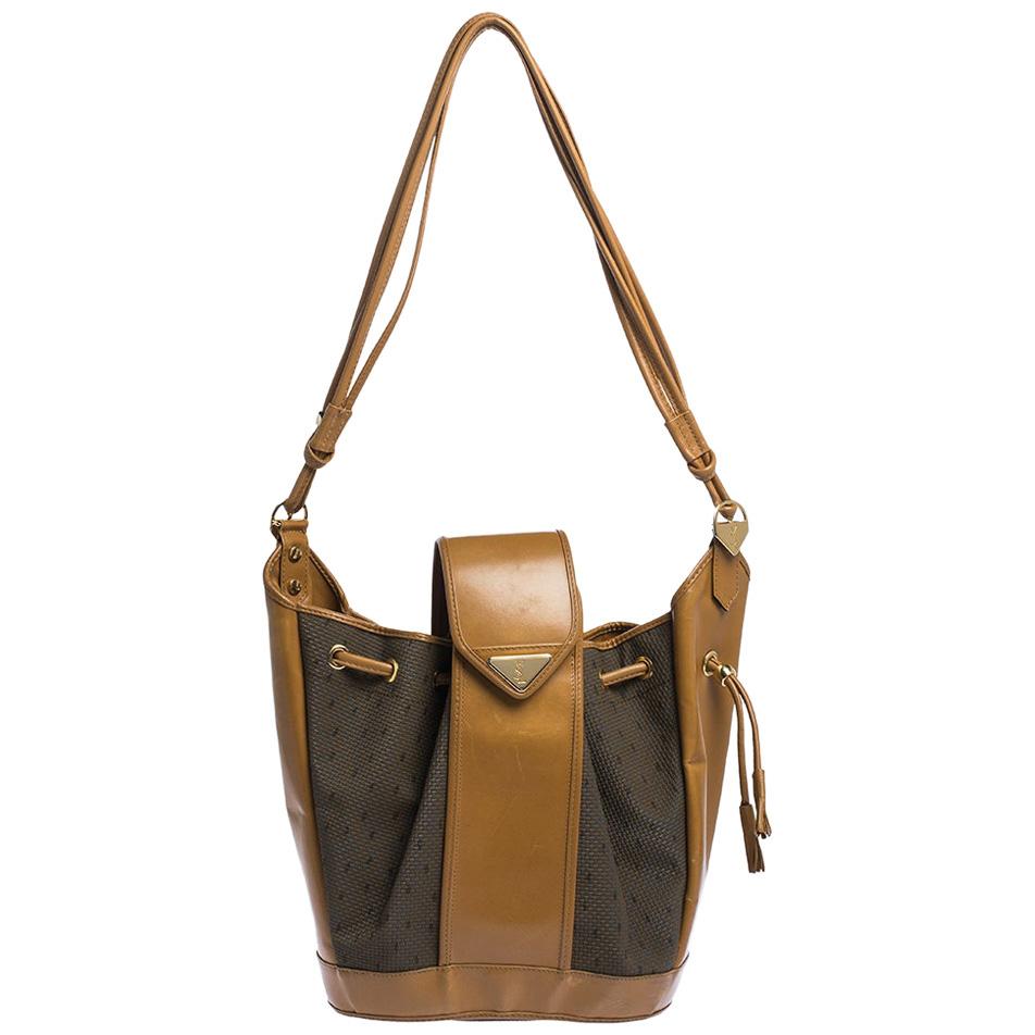 Saint Laurent Tan Leather and Fabric Drawstring Bucket Bag
