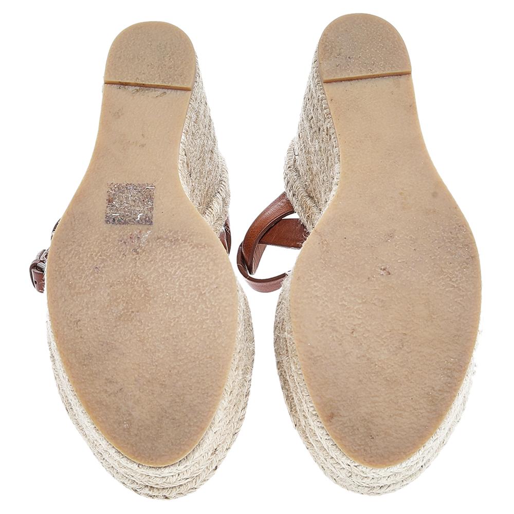 Saint Laurent Tan Leather Tribute Espadrilles Platform Wedge Sandals Size 36 In Excellent Condition In Dubai, Al Qouz 2