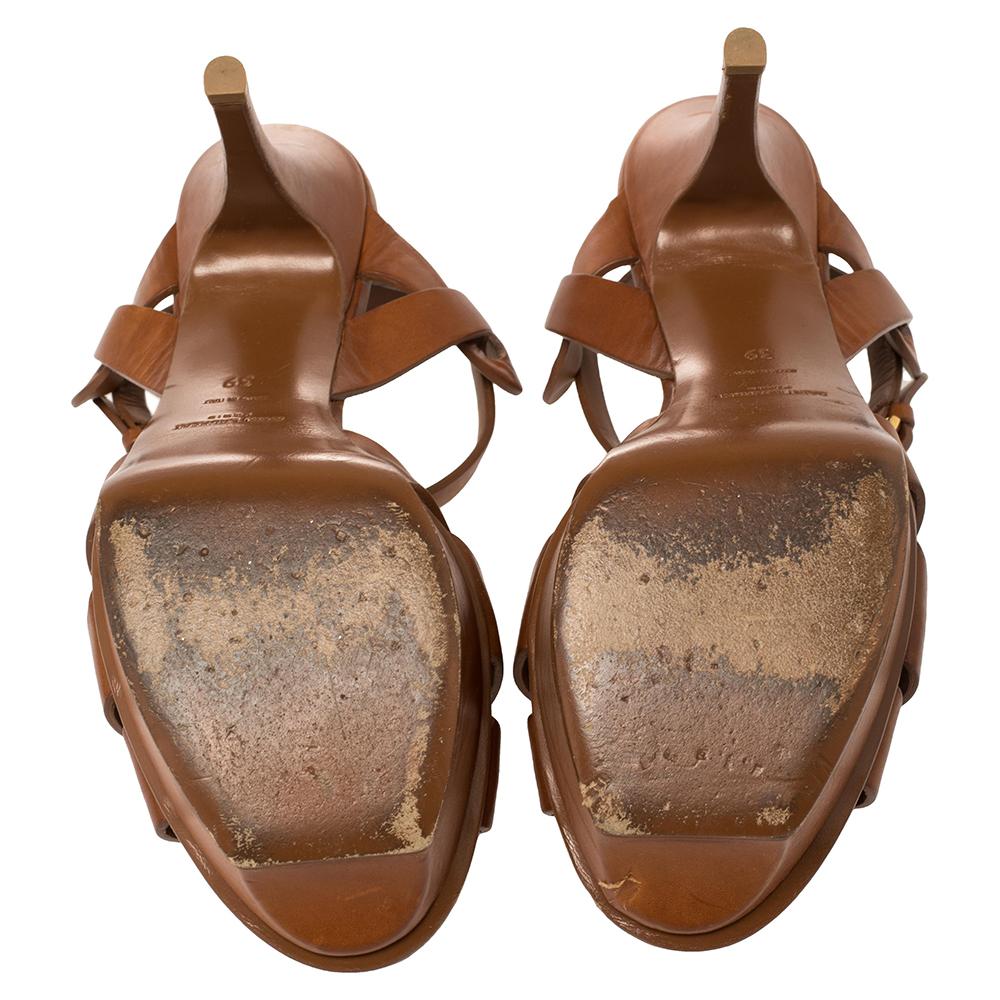 Saint Laurent Tan Leather Tribute Sandals Size 39 In Good Condition In Dubai, Al Qouz 2