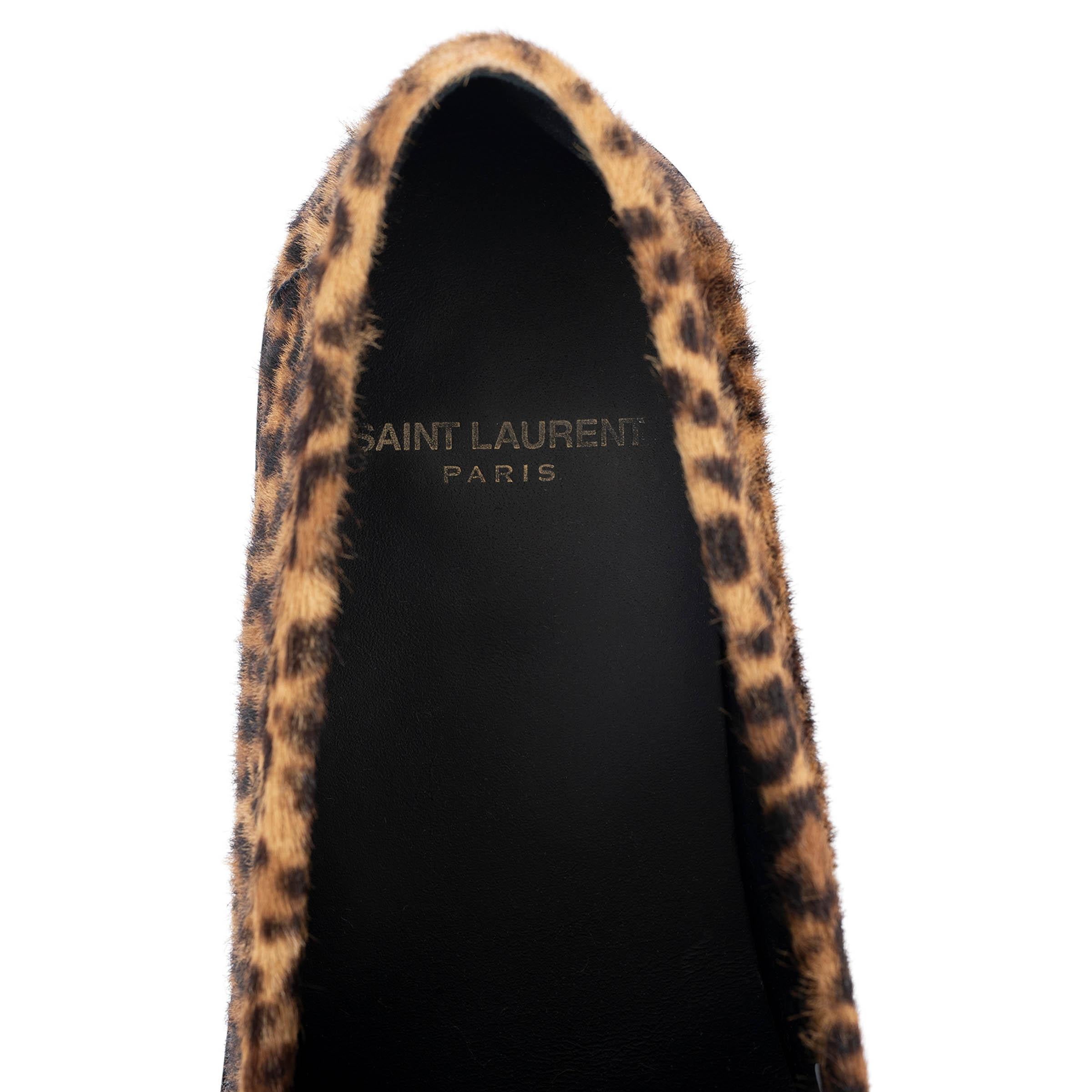 SAINT LAURENT tan LEOPARD CALF HAIR Penny Loafers Shoes 38.5 1