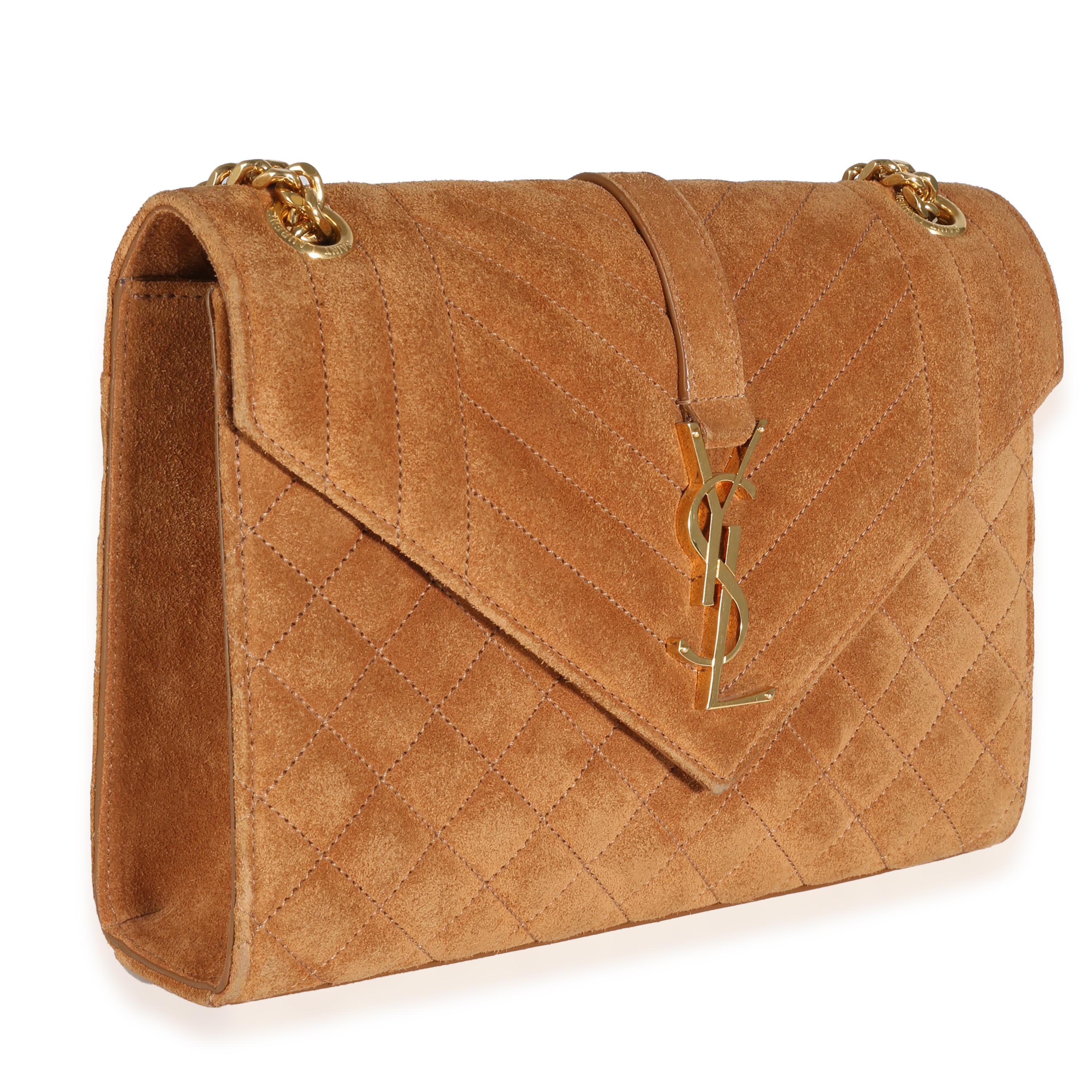 Orange Saint Laurent Tan Suede Mixed Triquilt Small Monogram Envelope Flap Bag For Sale