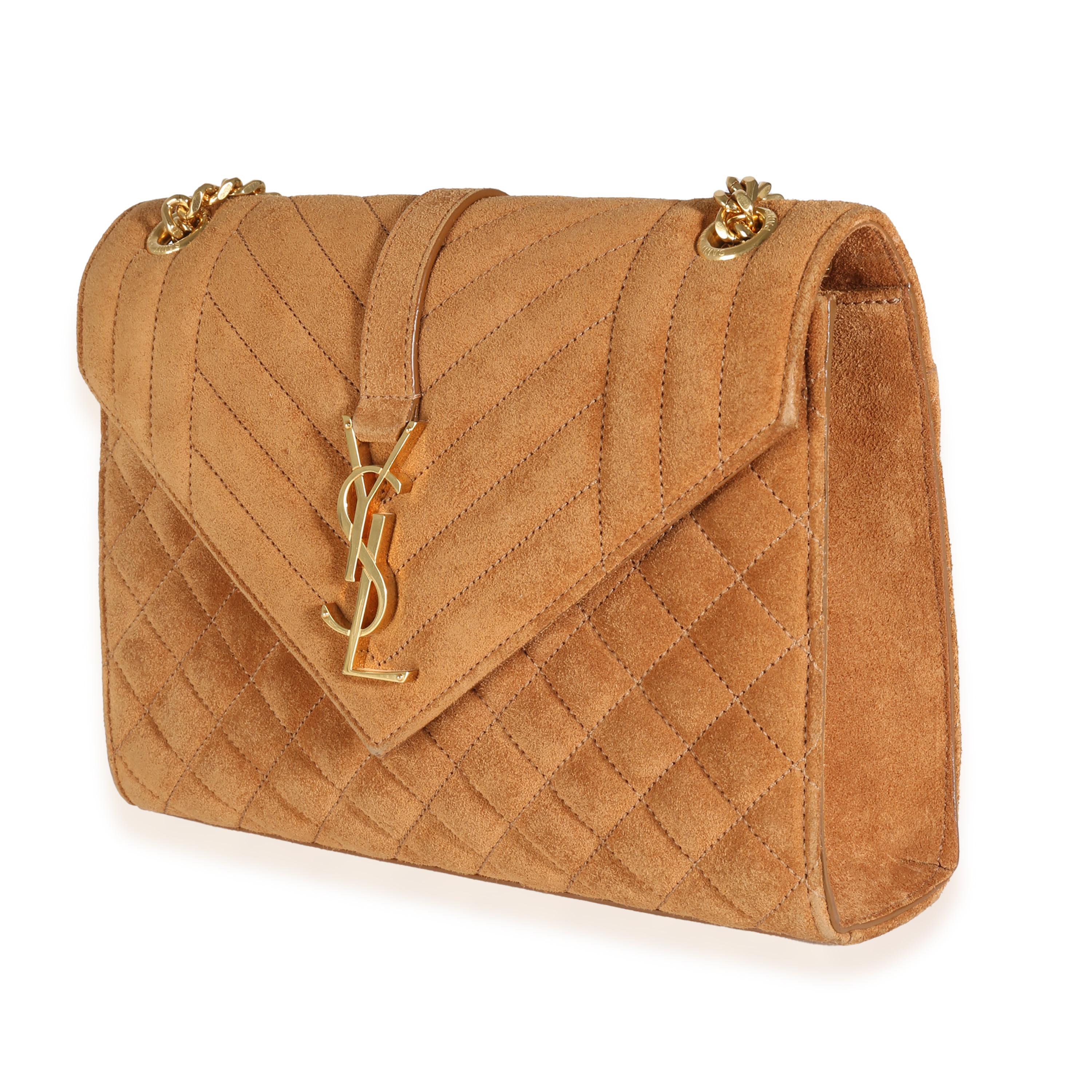 Saint Laurent Tan Suede Mixed Triquilt Small Monogram Envelope Flap Bag In Excellent Condition For Sale In New York, NY