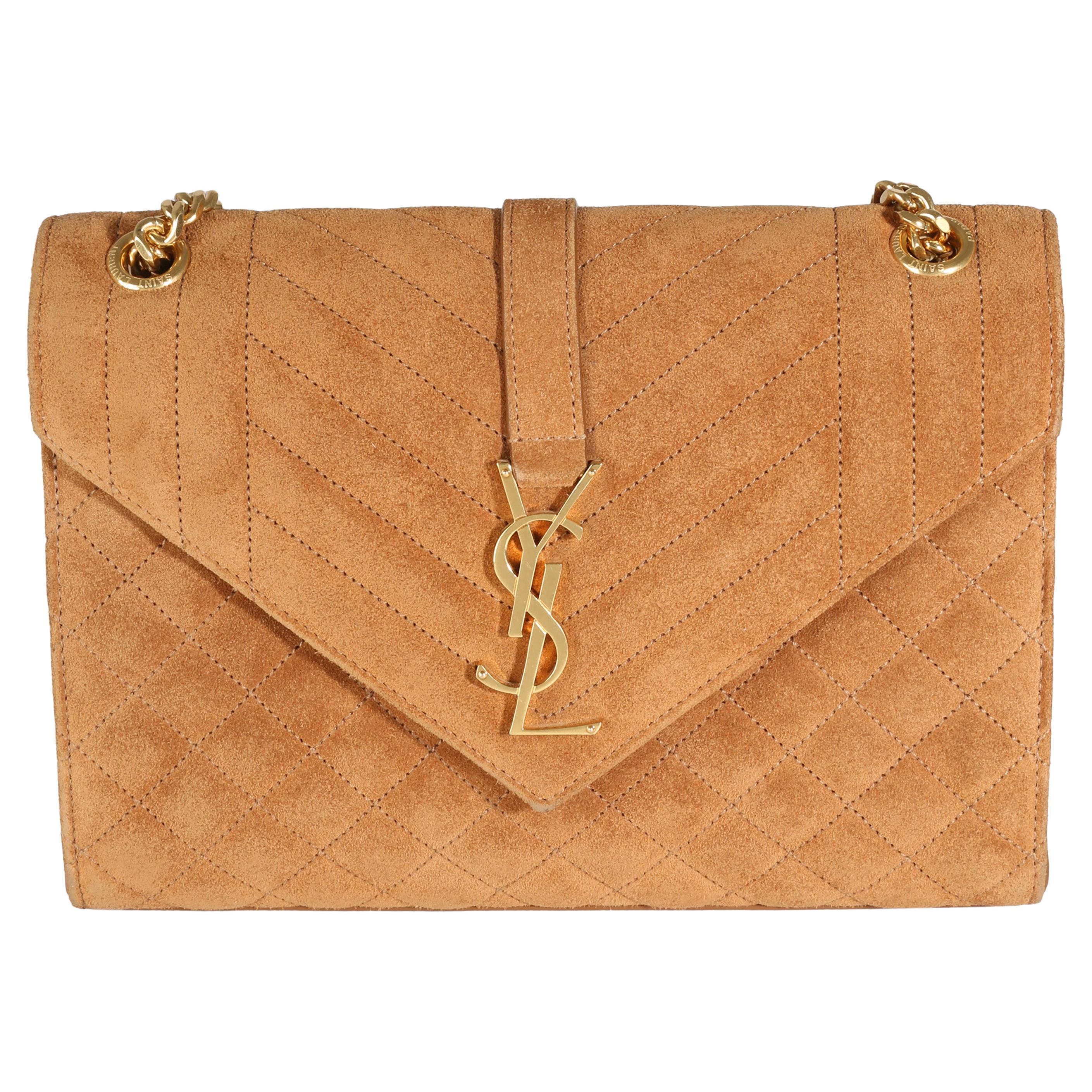 Saint Laurent Tan Suede Mixed Triquilt Small Monogram Envelope Flap Bag For Sale