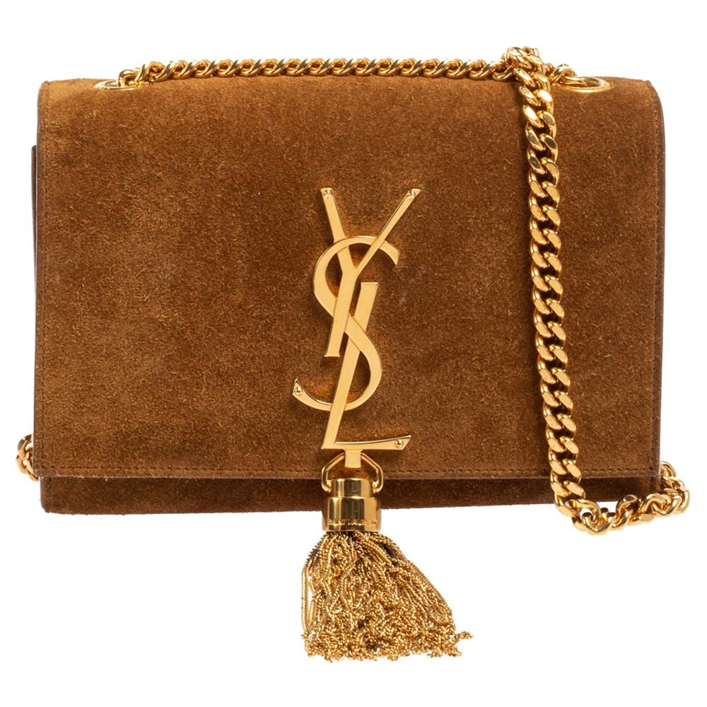 YSL Saint Laurent Leather Chain Shoulder Crossbody Bag Logo Gold Suede