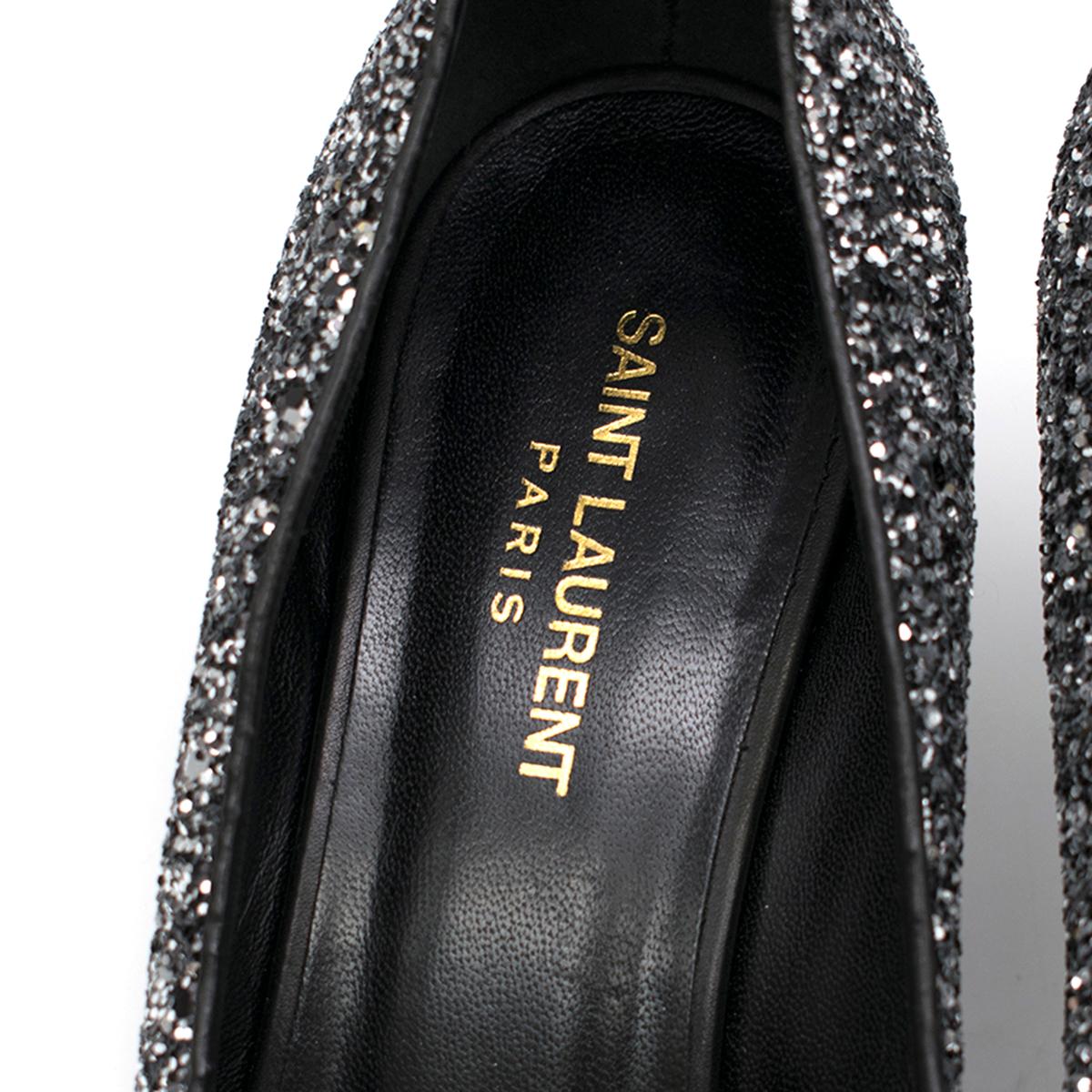 Saint Laurent Tara 55 Black Glitter Kitten Heel Pumps 41 In Good Condition For Sale In London, GB