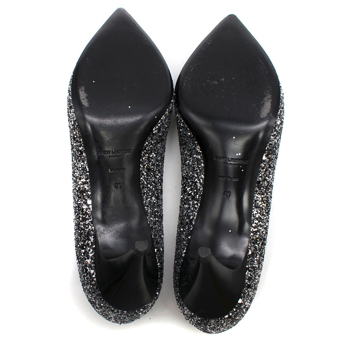 Women's Saint Laurent Tara 55 Black Glitter Kitten Heel Pumps 41 For Sale