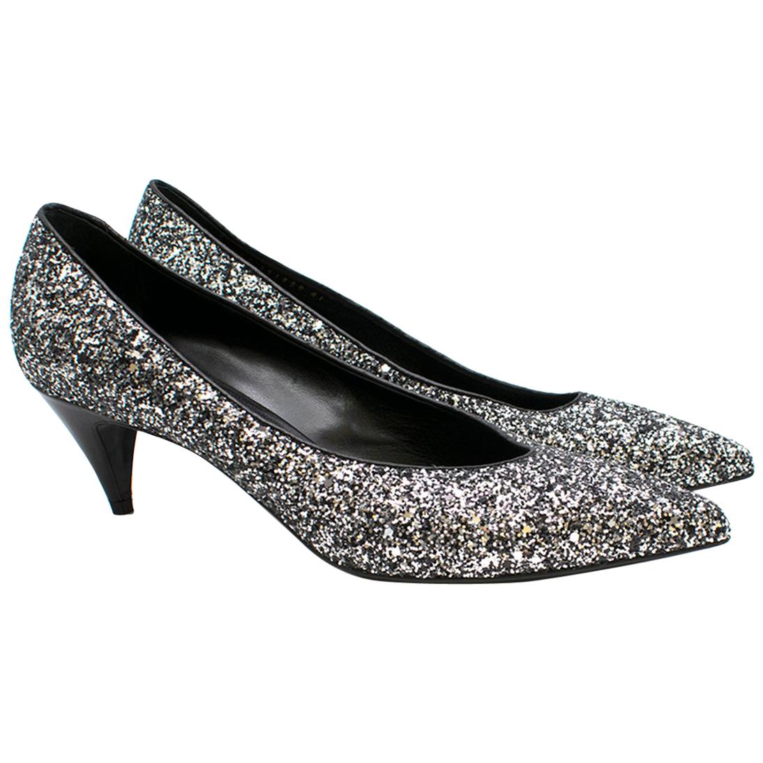 Saint Laurent Tara 55 Black Glitter Kitten Heel Pumps 41 For Sale