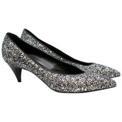 Saint Laurent Tara 55 Black Glitter Kitten Heel Pumps 41