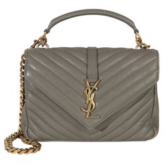 Saint Laurent Taupe Sheepskin Matelasse Chevron Monogram Medium College Bag
