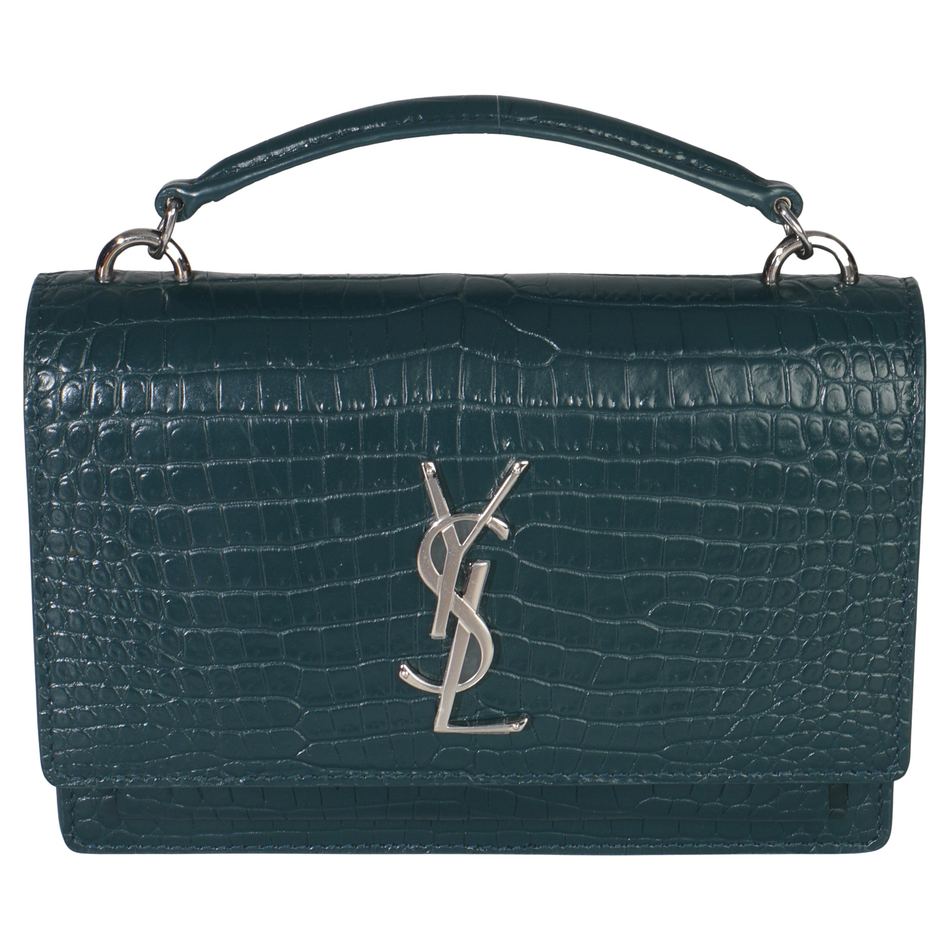 Saint Laurent Teal Calfskin Crocodile Embossed Monogram Sunset Chain Wallet For Sale