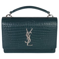 Saint Laurent Teal Calfskin Crocodile Embossed Monogram Sunset Chain Wallet