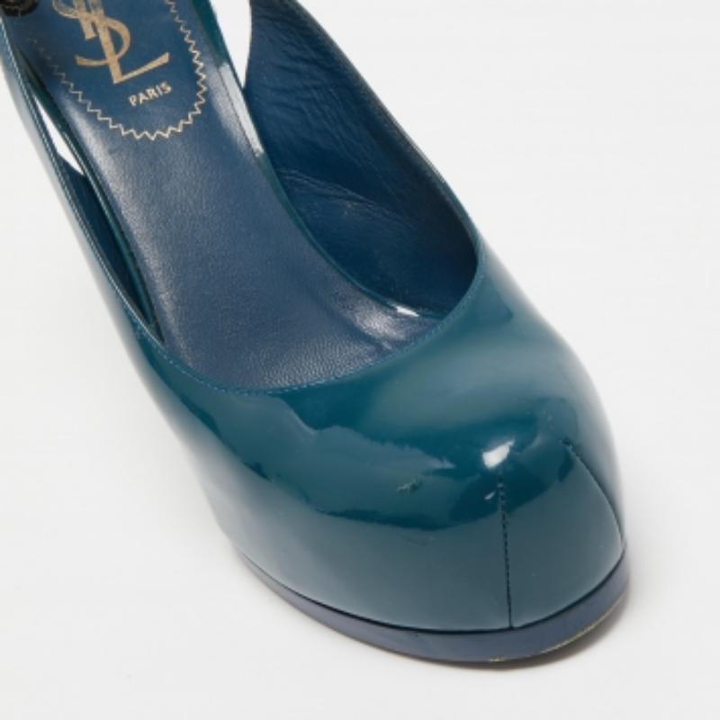 Blue Saint Laurent Teal Patent Leather Tribtoo Slingback Pumps Size 36 For Sale