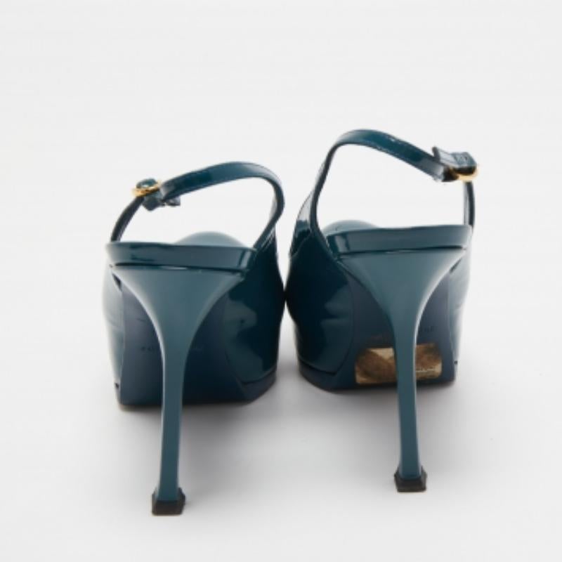 Saint Laurent Teal Patent Leather Tribtoo Slingback Pumps Size 36 In Good Condition For Sale In Dubai, Al Qouz 2