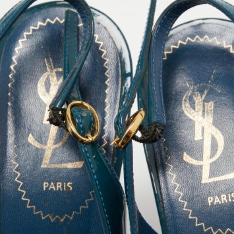 Saint Laurent Teal Patent Leather Tribtoo Slingback Pumps Size 36 For Sale 3