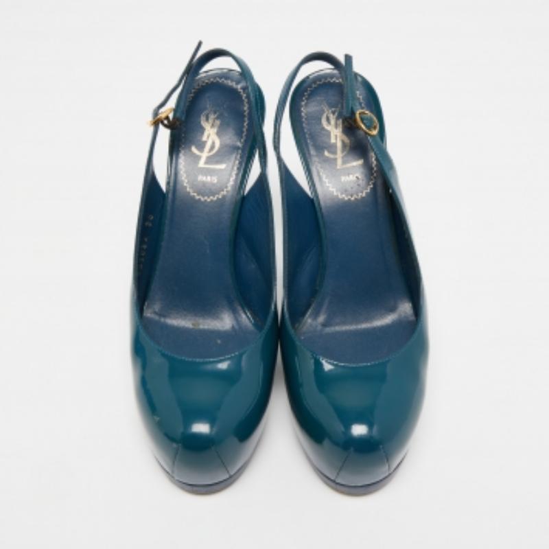Saint Laurent Teal Patent Leather Tribtoo Slingback Pumps Size 36 For Sale 4