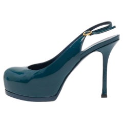 Saint Laurent Teal Patent Leather Tribtoo Slingback Pumps Size 36