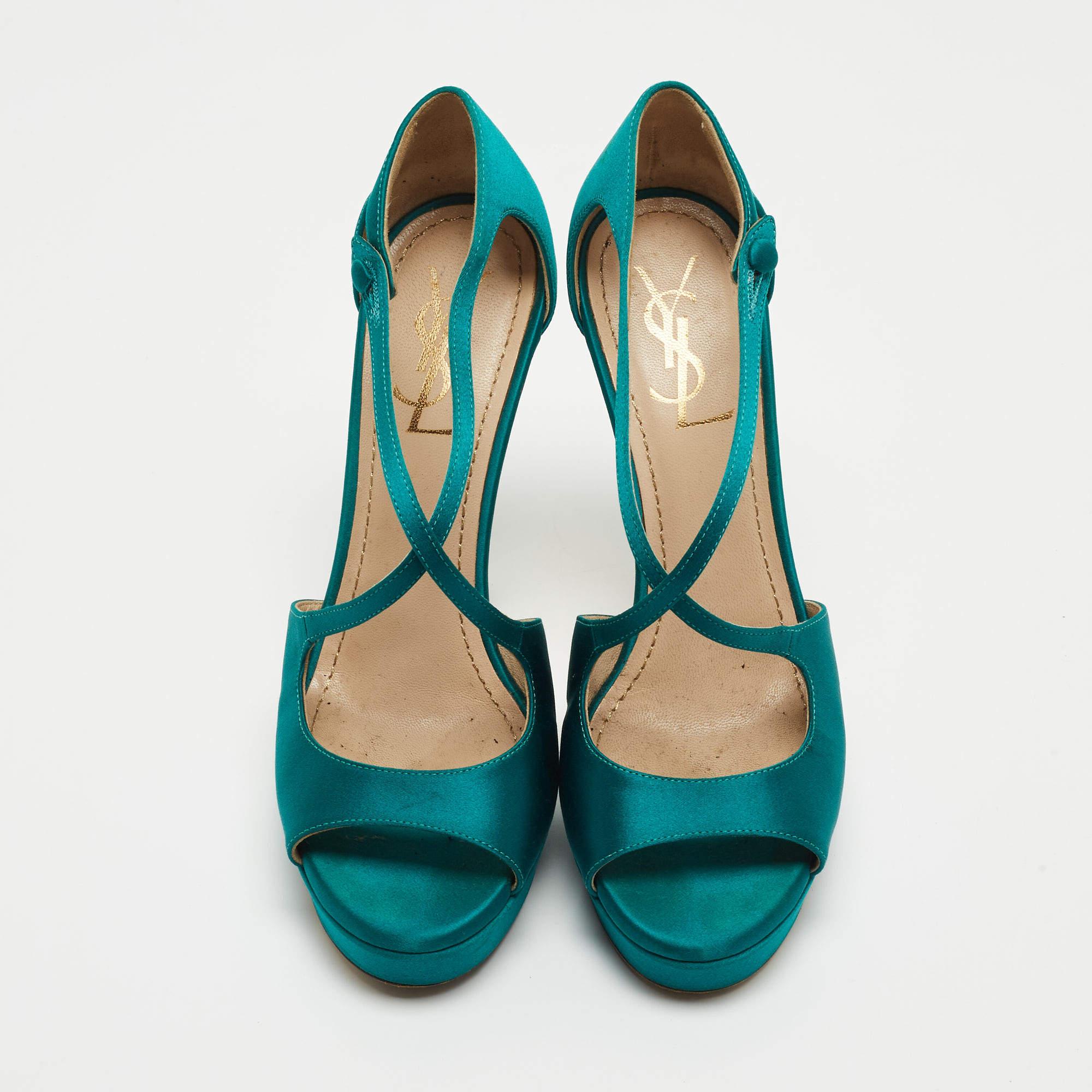 Blue Saint Laurent Teal Satin Cross Strap Platform Sandals Size 38