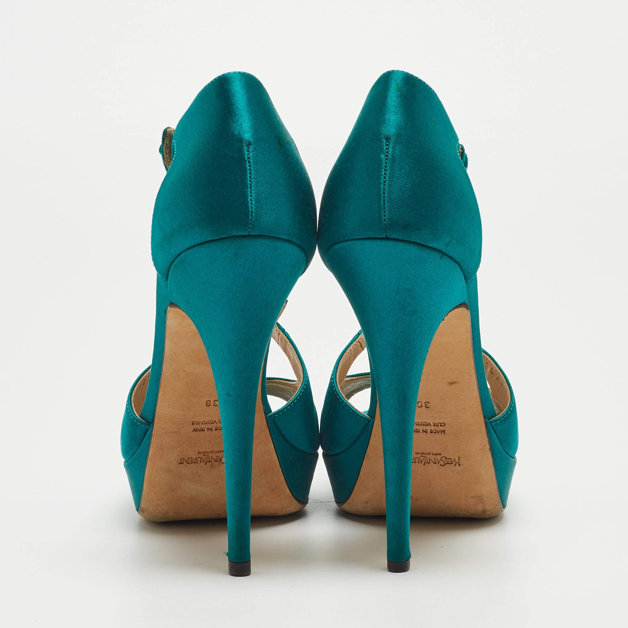 Women's Saint Laurent Teal Satin Cross Strap Platform Sandals Size 38