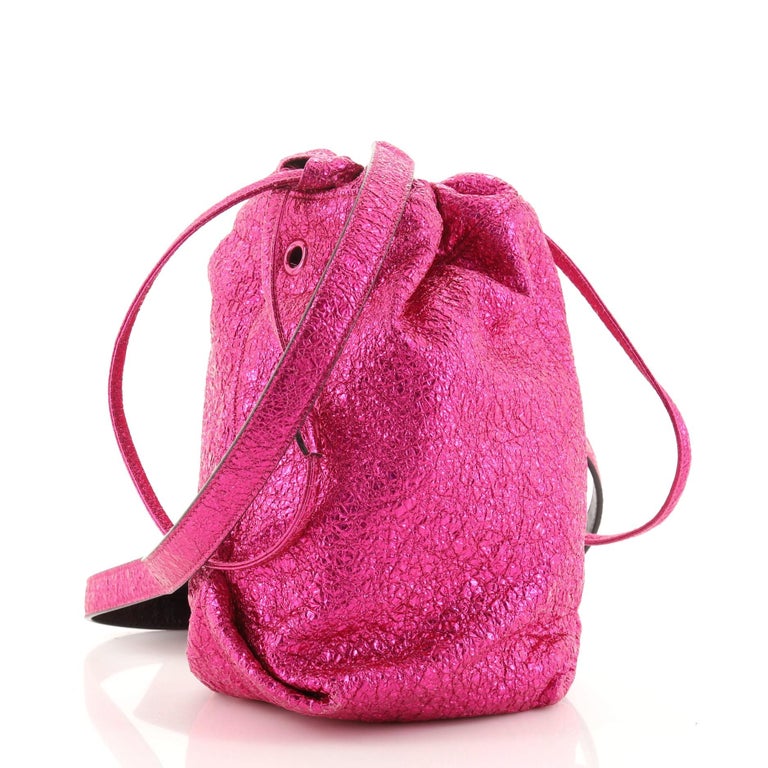 Pink Saint Laurent Teddy Bucket Bag Metallic Crinkled Calfskin Small