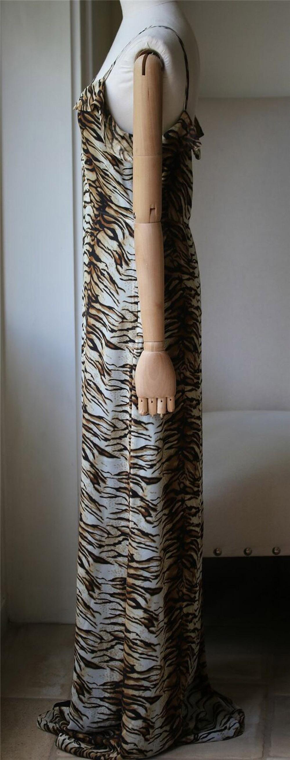 Brown Saint Laurent Tiger-Print Silk Maxi Dress 