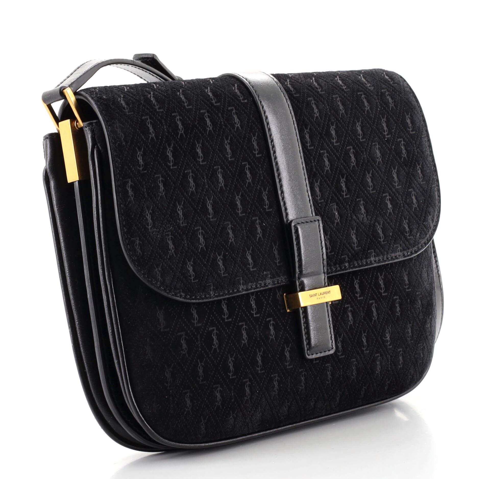 Saint Laurent Top Flap Satchel Monogrammiertes All Over Wildleder Medium (Schwarz)