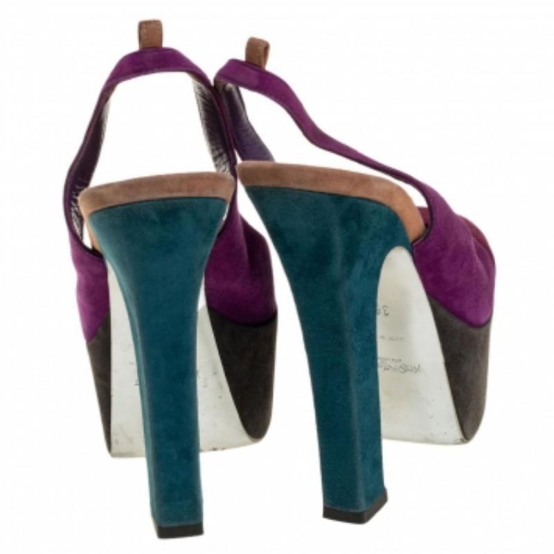 Black Saint Laurent Tri Color Suede Obsession Slingback Platform Sandals Size 36 For Sale