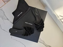 Saint Laurent Tribute Black Velvet Flat Slides Nu Pieds EU 40 US 10 Box Set