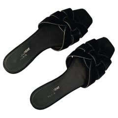 Saint Laurent Tribute Black Velvet Flat Slides Nu Pieds EU 40 US 10 Box Set