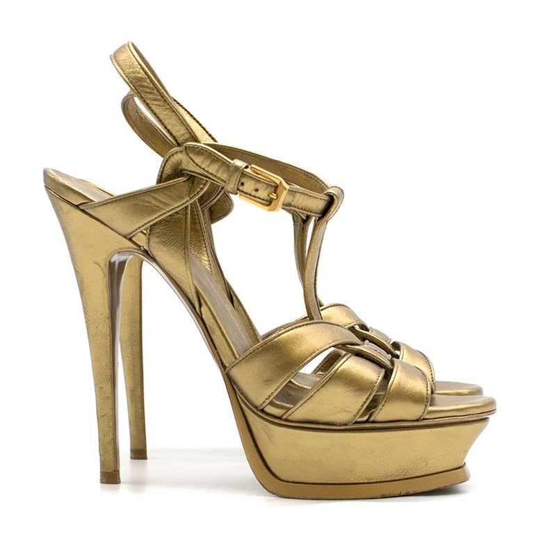 Saint Laurent Tribute gold leather platform sandals US 7 at 1stDibs