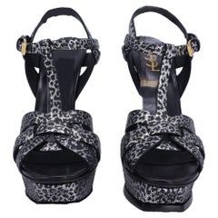 Saint Laurent Tribute Leopard Print T-Strap Platform Heels in Silver Leather