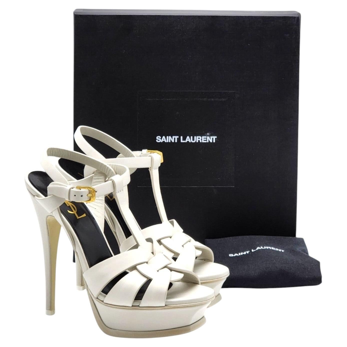 Pre-owned Saint Laurent Tribute Platform Leather Sandals Pumps White Eu 38 Us 8 - Nwb