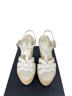 Saint Laurent Tribute Espadrille-Sandalen mit Plateau-Keilabsatz aus weißem Leder, Größe 37,5