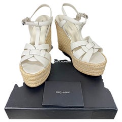 Saint Laurent Tribute Espadrille-Sandalen mit Plateau-Keilabsatz aus weißem Leder, Größe 37,5