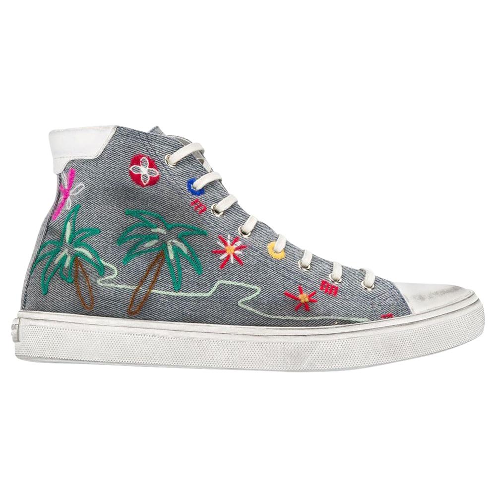 Saint Laurent Tropical-Embroidered High Top Bedford Distressed Sneakers SZ 40.5