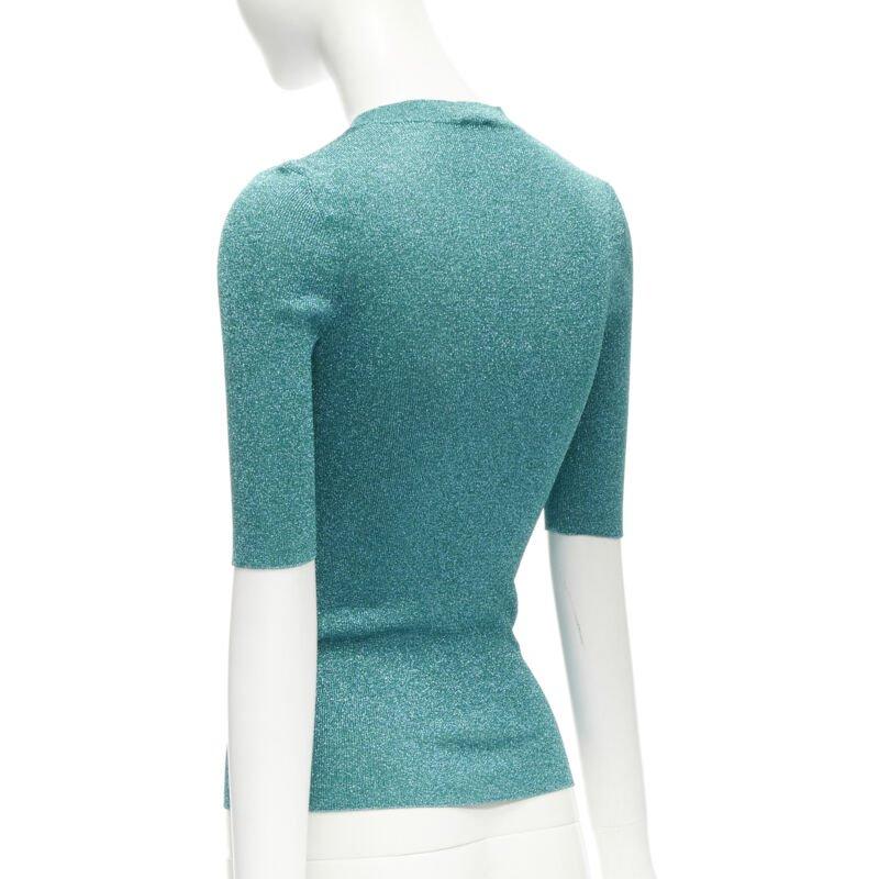SAINT LAURENT top in maglia con cuciture a reticolo blu turchese metallizzato S in vendita 1
