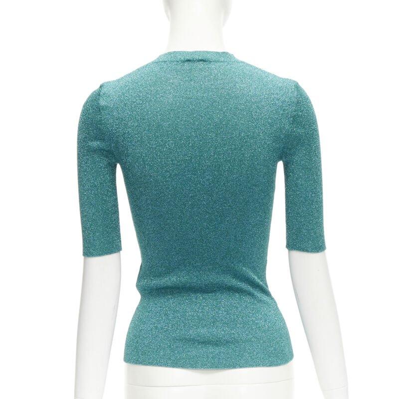 SAINT LAURENT top in maglia con cuciture a reticolo blu turchese metallizzato S in vendita 2