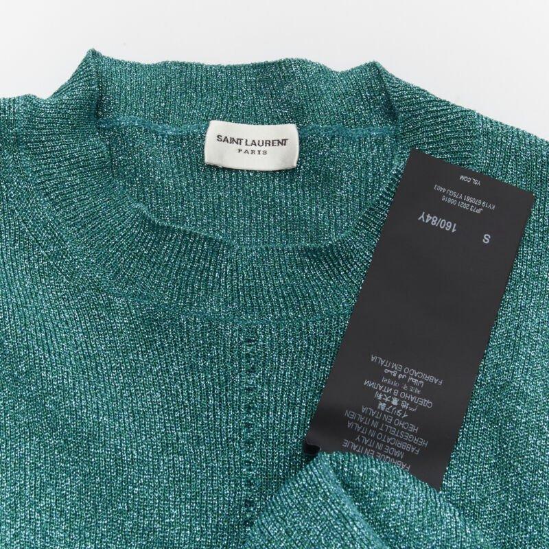 SAINT LAURENT top in maglia con cuciture a reticolo blu turchese metallizzato S in vendita 4