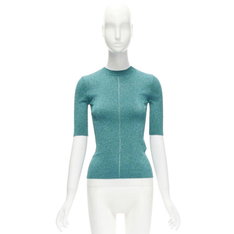 SAINT LAURENT top in maglia con cuciture a reticolo blu turchese metallizzato S in vendita 5