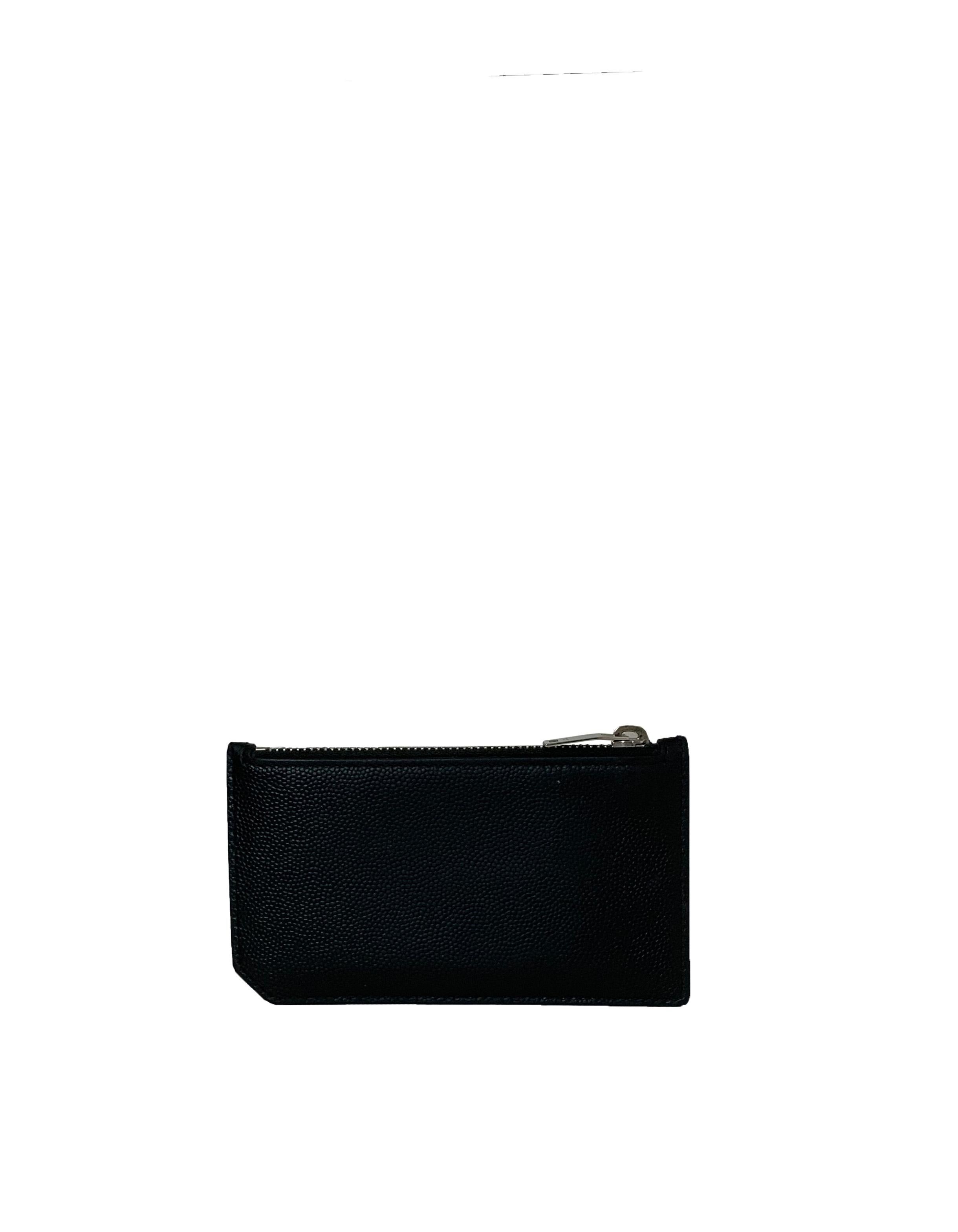 Saint Laurent Unisex Black Textured Leather Zip Top Card Holder rt. $295 In Good Condition In New York, NY