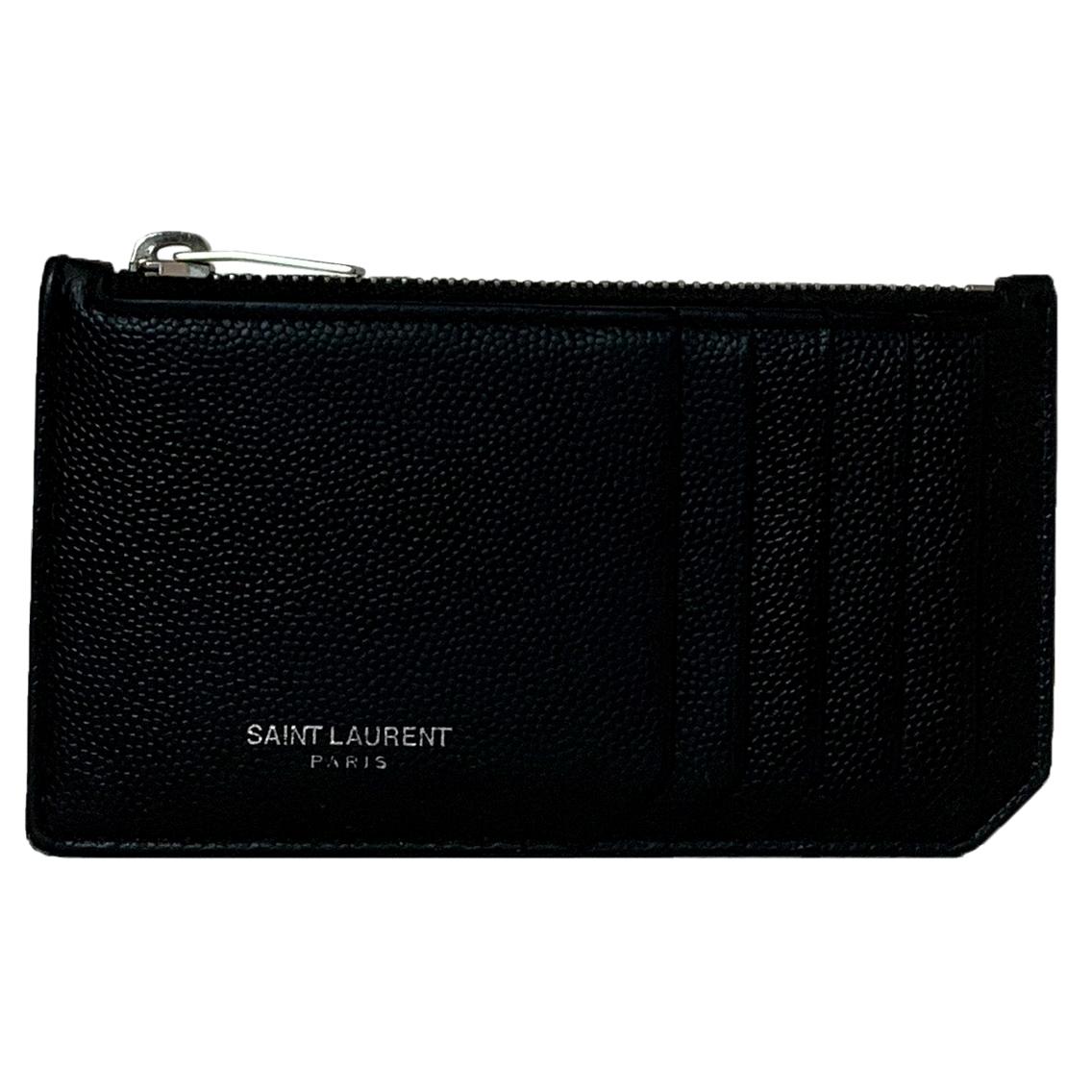 Saint Laurent Unisex Black Textured Leather Zip Top Card Holder rt. $295
