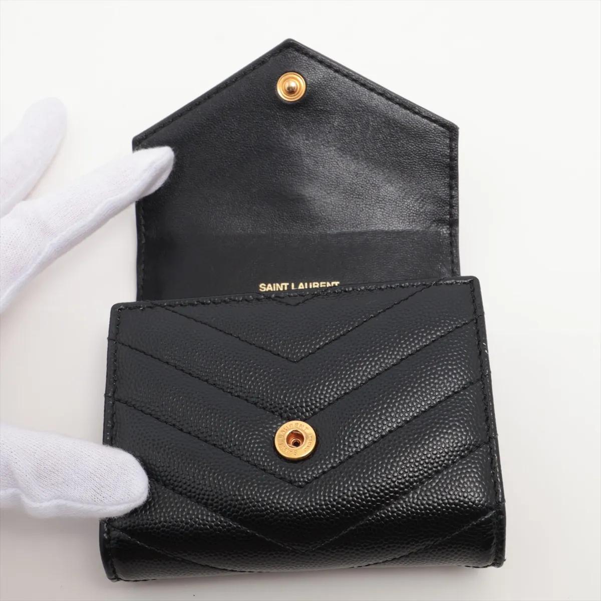 Saint Laurent V Stitch Leder Portemonnaie Kompakt Schwarz Damen im Angebot