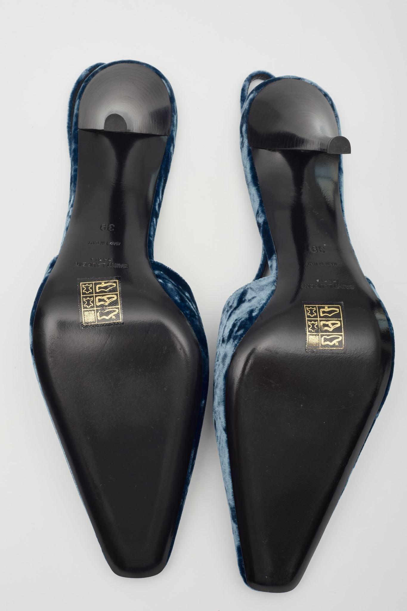 Women's Saint Laurent Velvet Tom Dream Slingback Heels Blue EU 38.5 For Sale