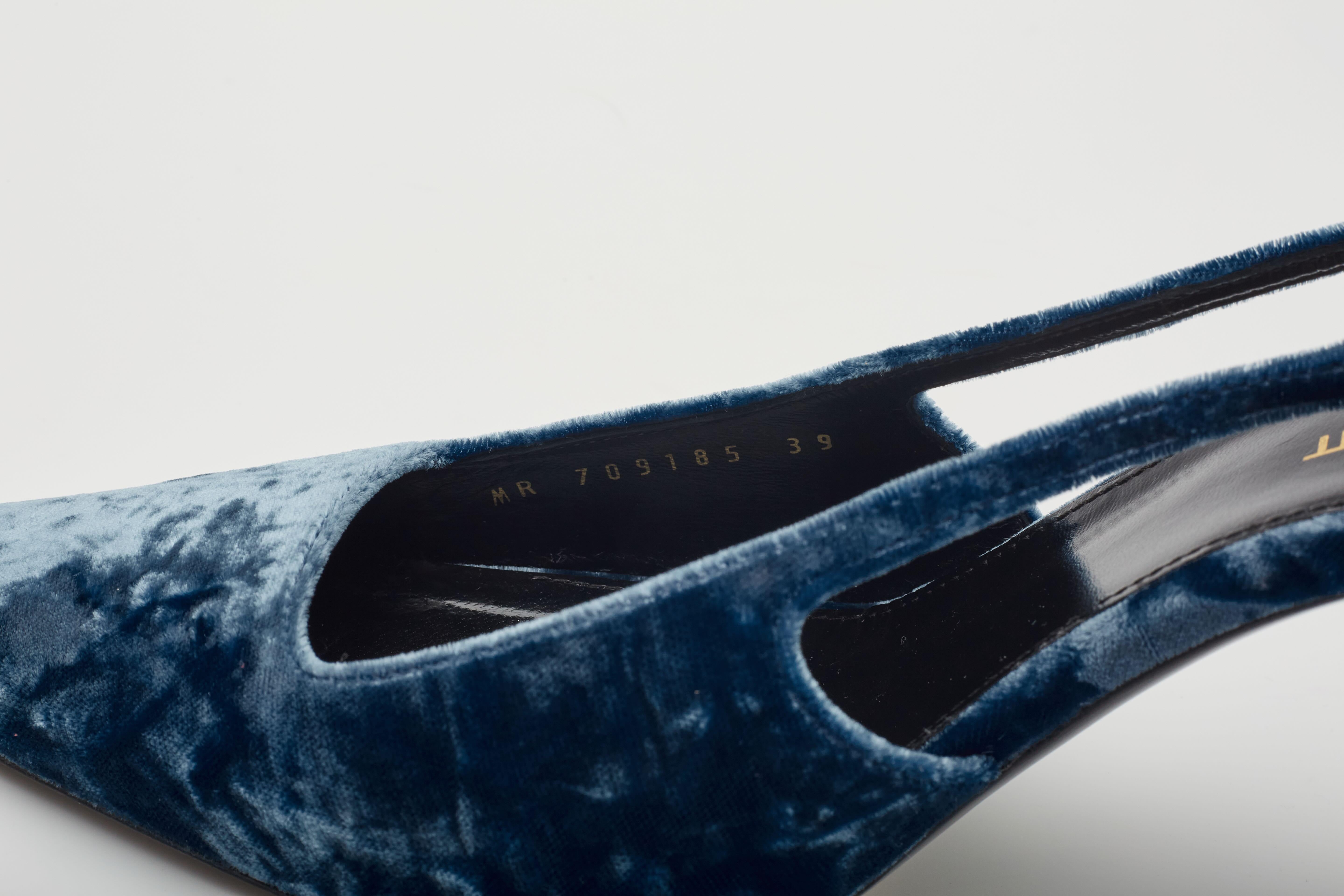 Saint Laurent Velvet Tom Dream Slingback Heels Blue EU 39 For Sale 2