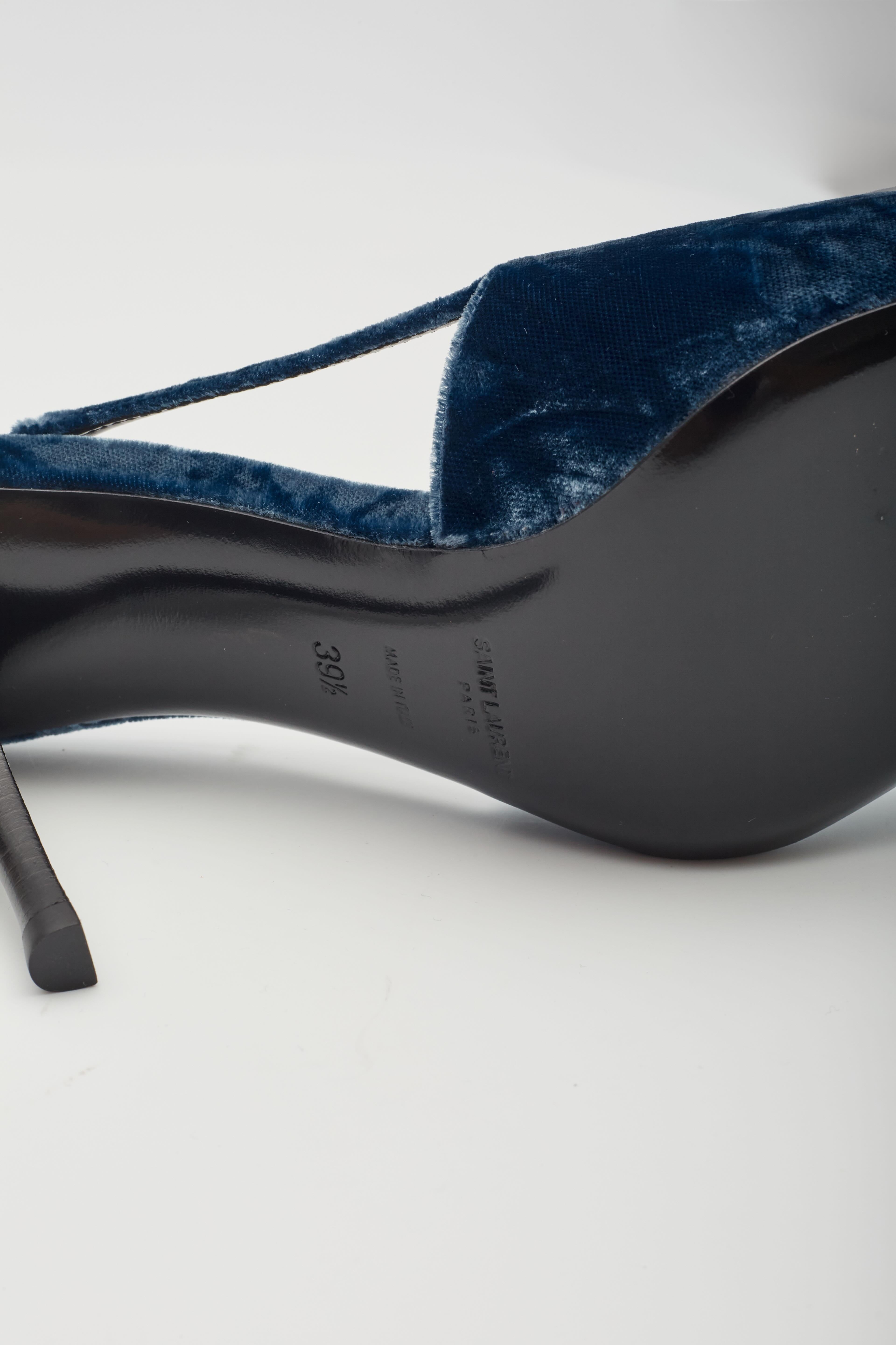 Saint Laurent Velvet Tom Dream Slingback Heels Blue EU 39.5 For Sale 3