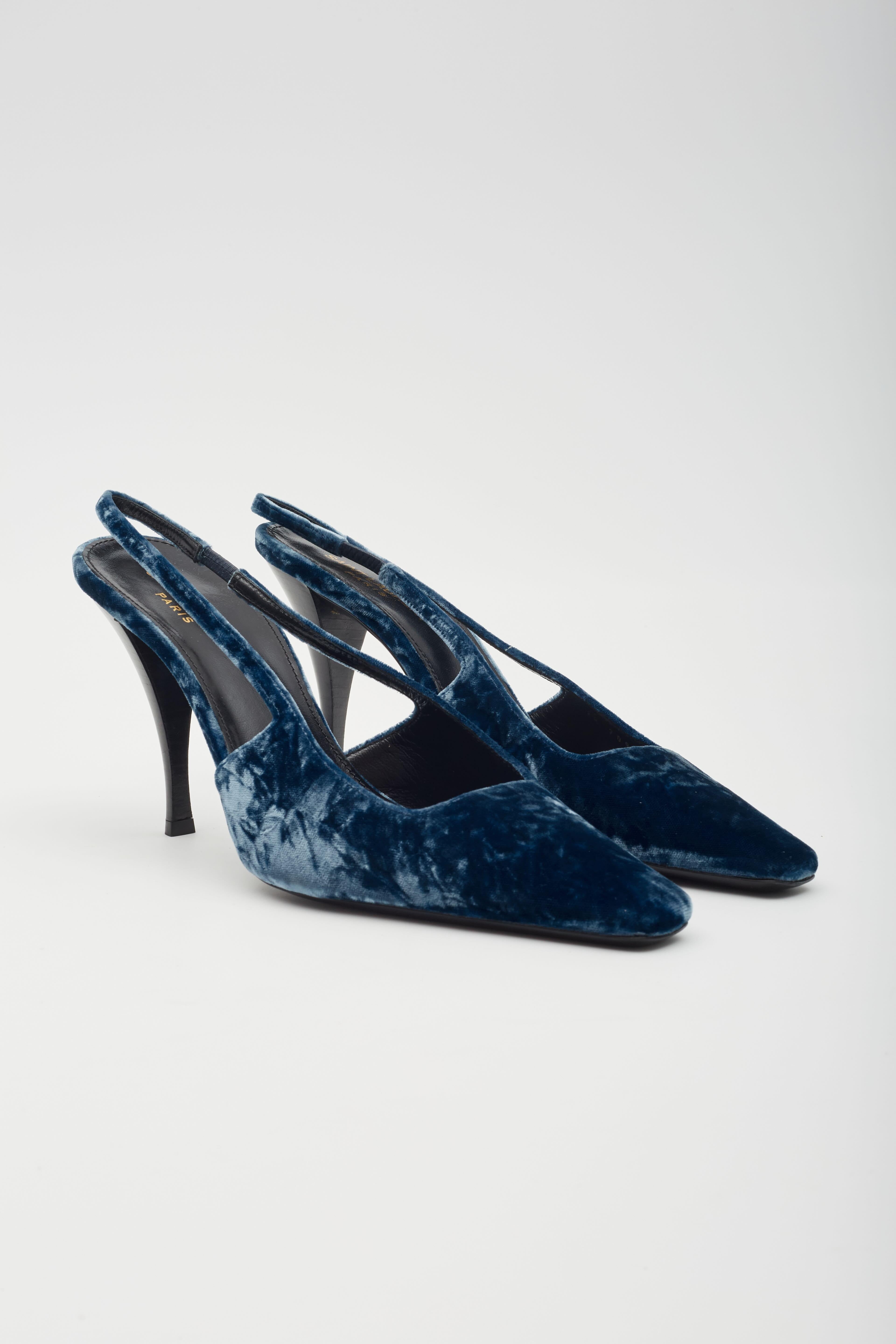 Black Saint Laurent Velvet Tom Dream Slingback Heels Blue EU 40.5 For Sale