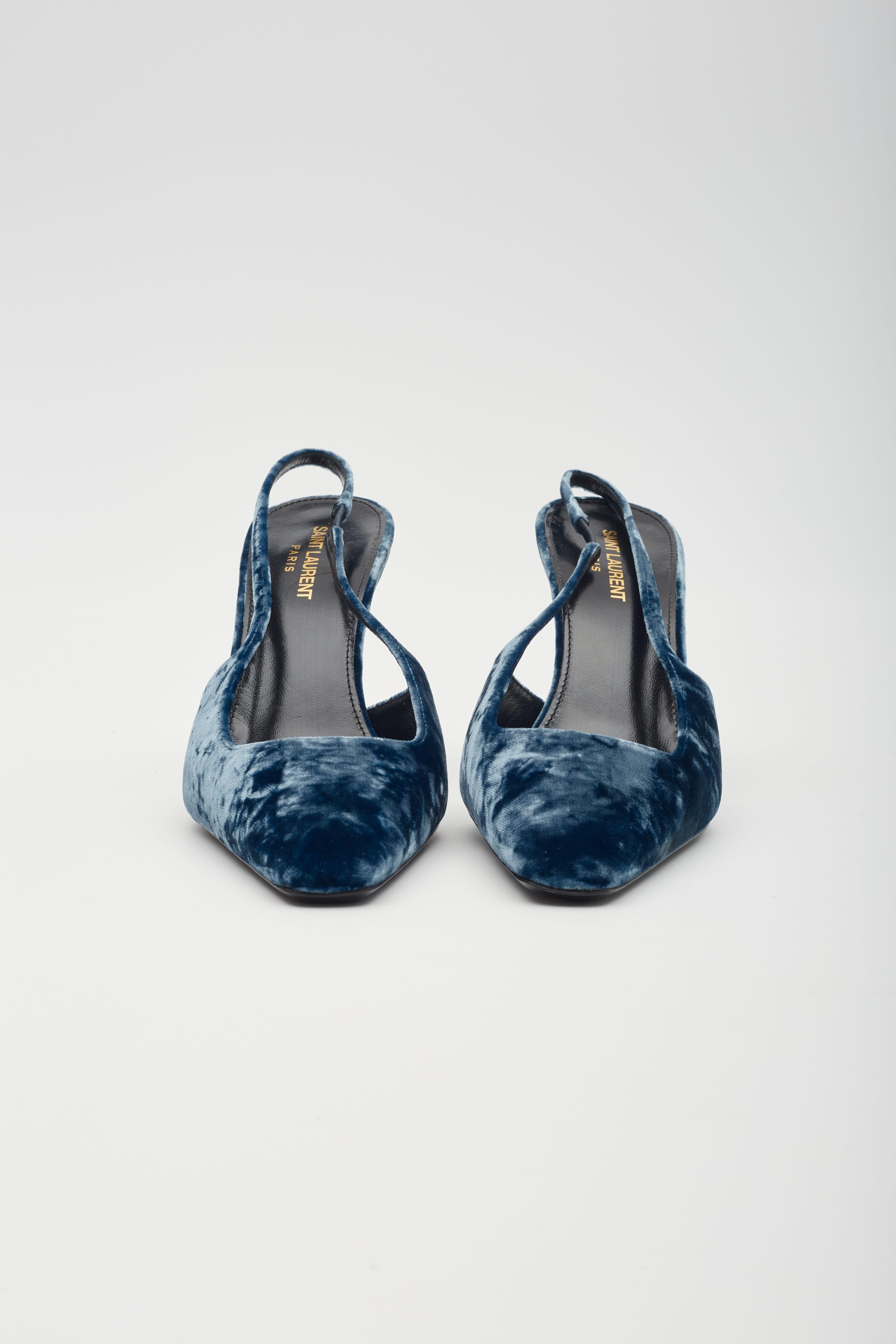 Saint Laurent Velvet Tom Dream Slingback Heels Blue EU 40.5 In New Condition For Sale In Montreal, Quebec